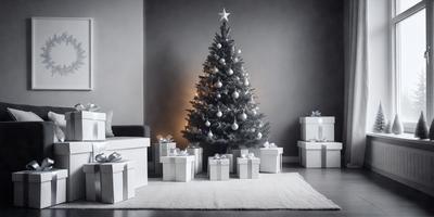 The primary subject of the image is a Christmas tree, which is placed in a living room. The setting is a cozy and festive environment, with a couch and a chair visible in the background. The visual style of the image is a photo, capturing the details of the tree and the room. The colors and mood of the image are predominantly white, with the tree being the main focal point, creating a warm and inviting atmosphere.
